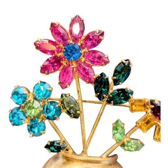 VTG Mid-Century Multi-Color Glass Stone Flowers in Gold Tone Flower Pot Brooch - Picture 5 of 9